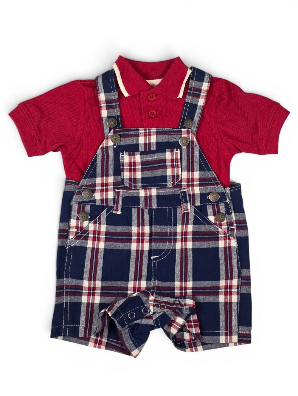 Baby Rebels 2 Pc Plaid Shortall Romper Set Red Polo 3-6M Patriotic July 4th